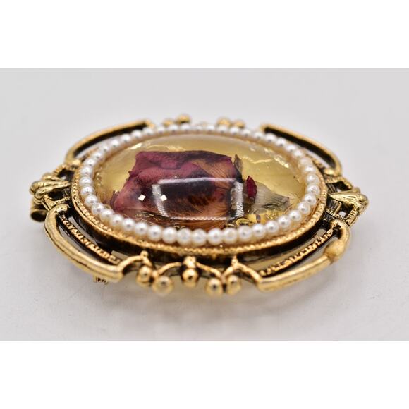 Vintage Dried Rosebud Flower Pin Brooch Antiqued Oval Romantic Chunky 70s BinBP - Picture 9 of 12